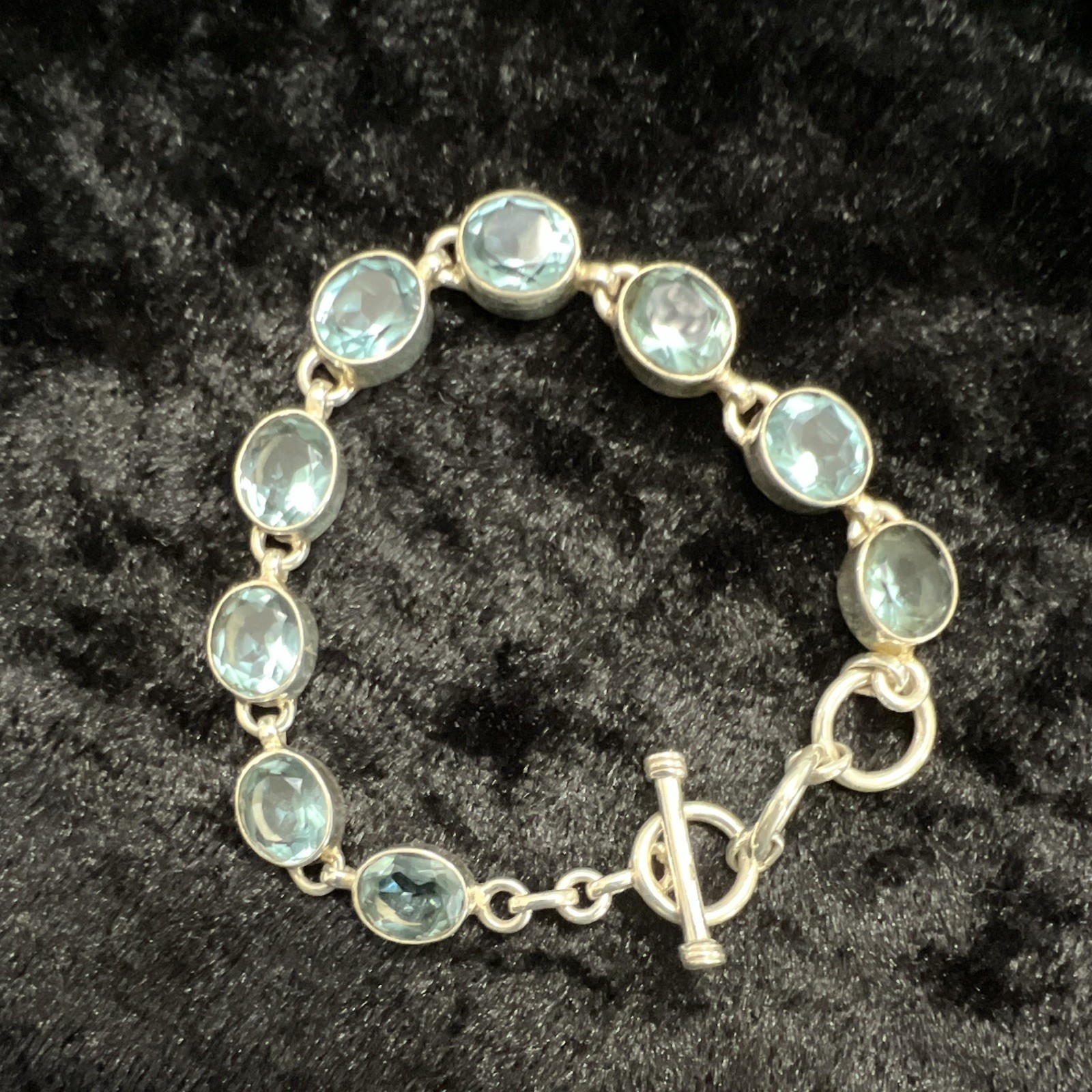 Sterling Silver Tone Tennis Oval Link Bracelet Blue Oval Topaz Toggle Adjustable