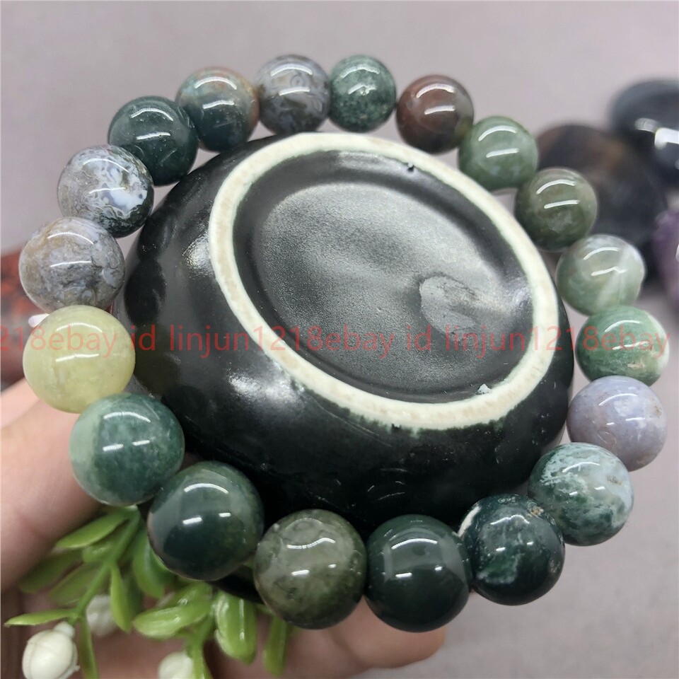 Natural 6/8/10/12/14mm Indian Agate Gems Round Bead Reiki Healing Bracelet 7.5in