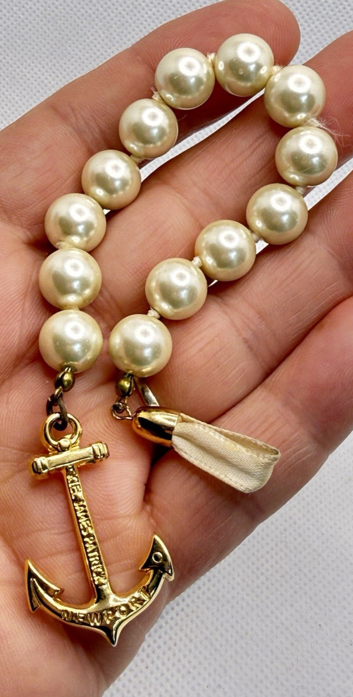 Kiel James Patrick Pearl Beaded Anchor Charm Bracelet Hook Closure Gold Tone