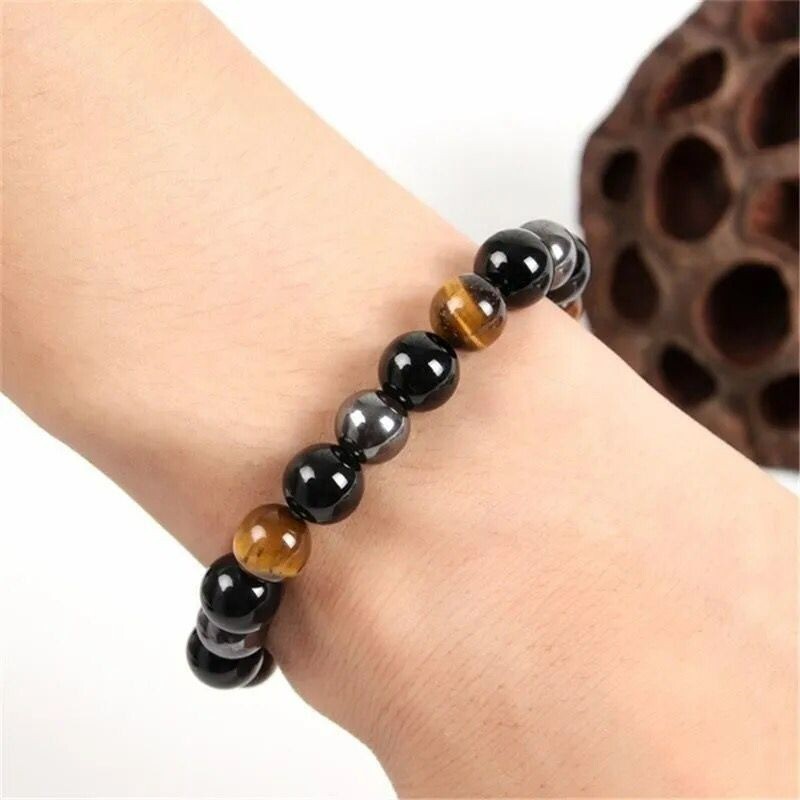 Triple Protection Obsidian Tiger Eye Hematite 8mm Beads Healing Woman Bracelet