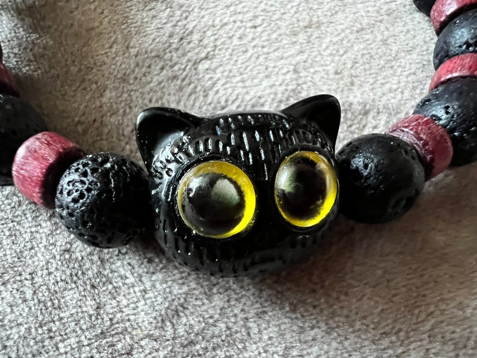 handmade elastic unisex unique vulcan stone beads & red wood accent bracelet