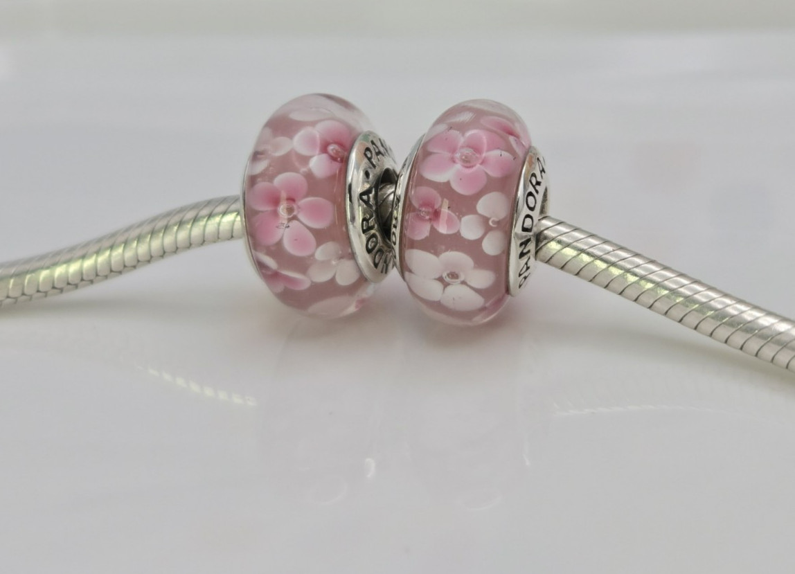 Authentic Pandora Pair of pink flower delicate pink floral Charms Murano Glass