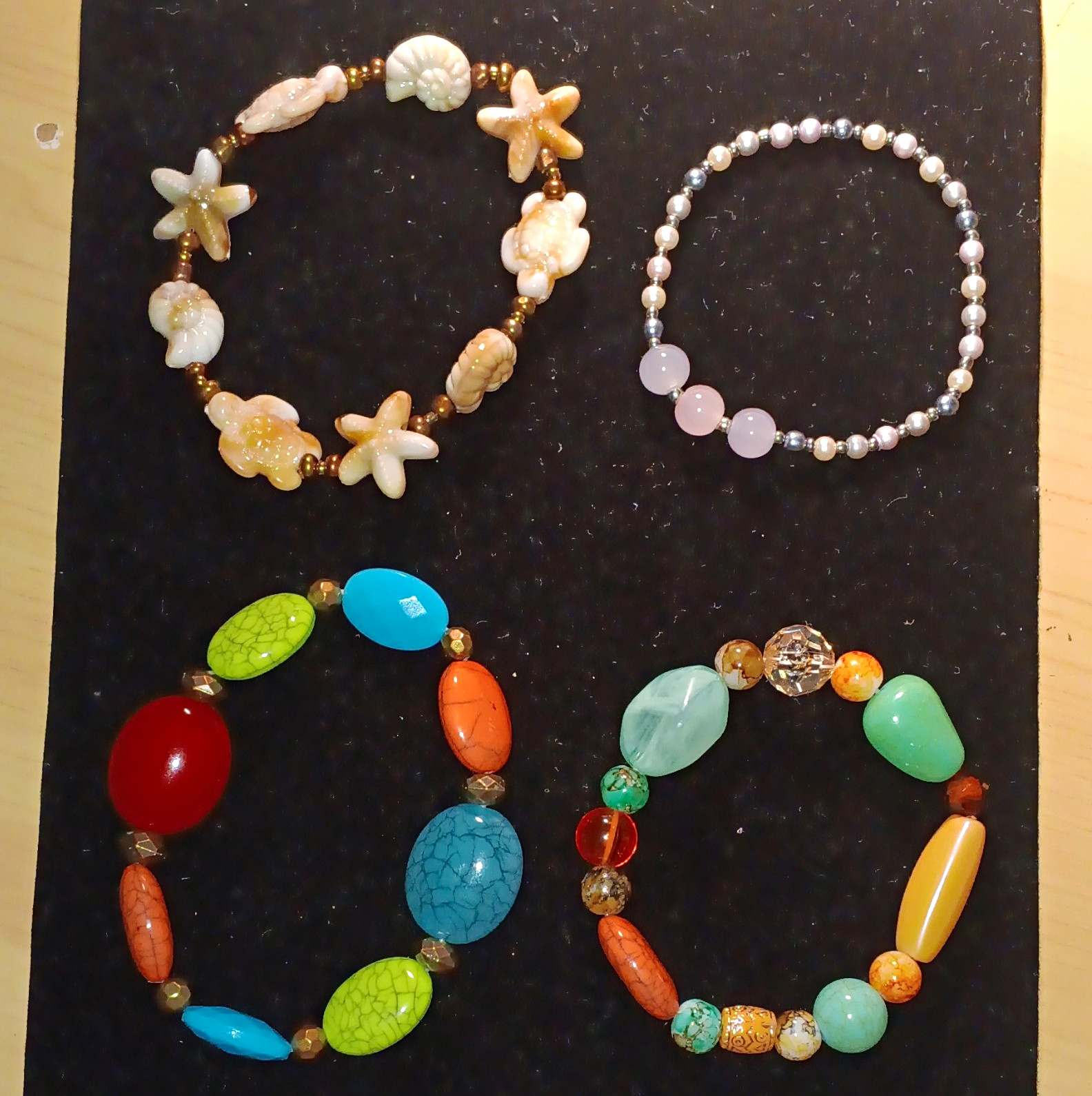 Lot of 4 Handmade Acrylic & Plastic Multicolor Stretch Beaded Bracelets