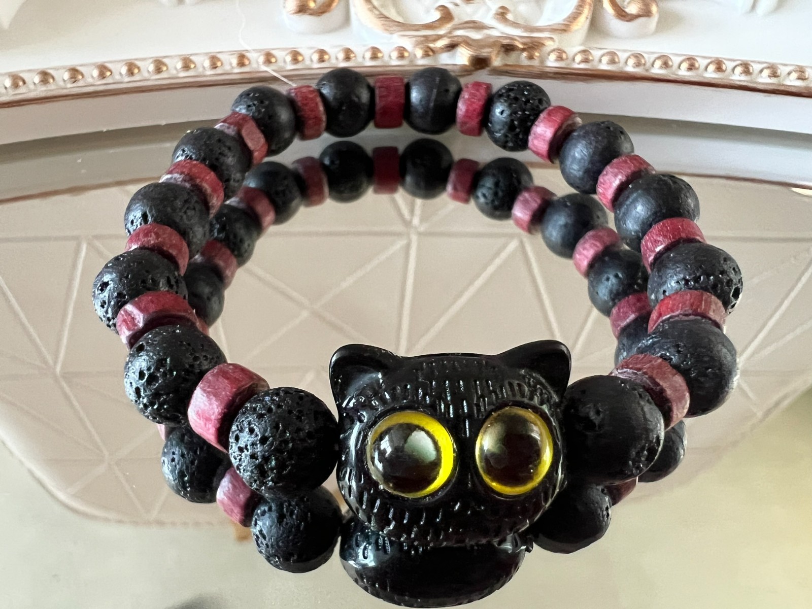 handmade elastic unisex unique vulcan stone beads & red wood accent bracelet