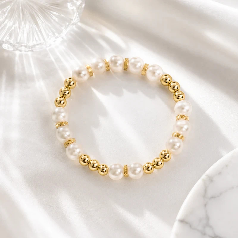 Oval Glass Pearl Stretch Bracelet 18K Gold PVD Stackable Waterproof Jewelry