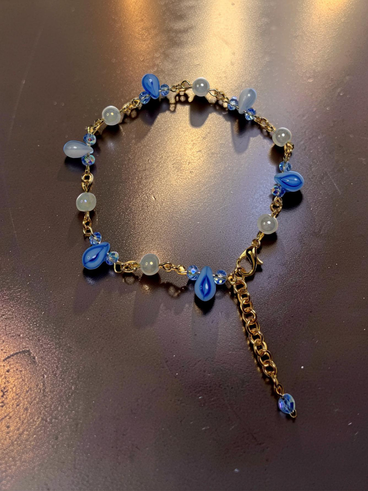 Blue Czech Glass Jewelry Set: Hoop Earrings, Bracelet, Gold Plated