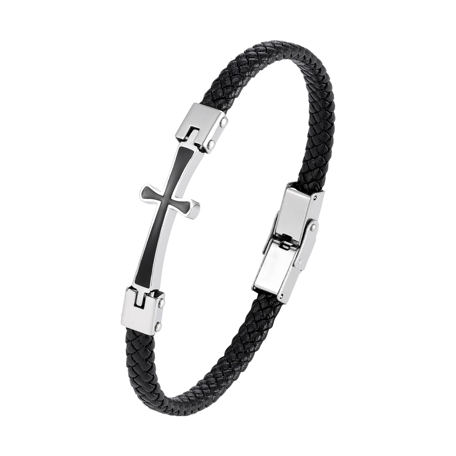 Mens Enamel Cross PU Leather Woven Cord Stainless Steel Bracelet 8.7in