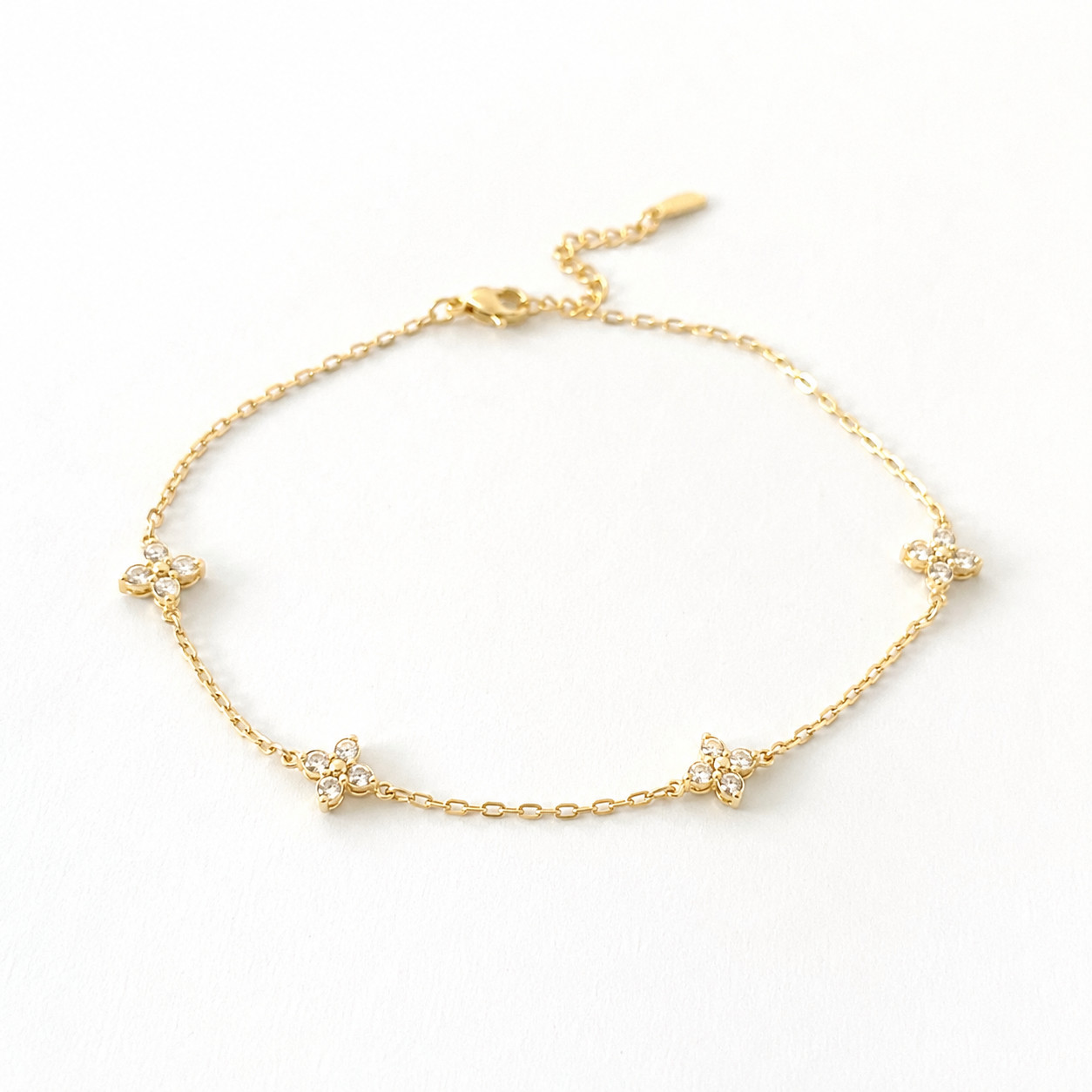 Gold Tone Flower Clover Necklace & Bracelet Set Crystal Charm Adjustable Jewelry