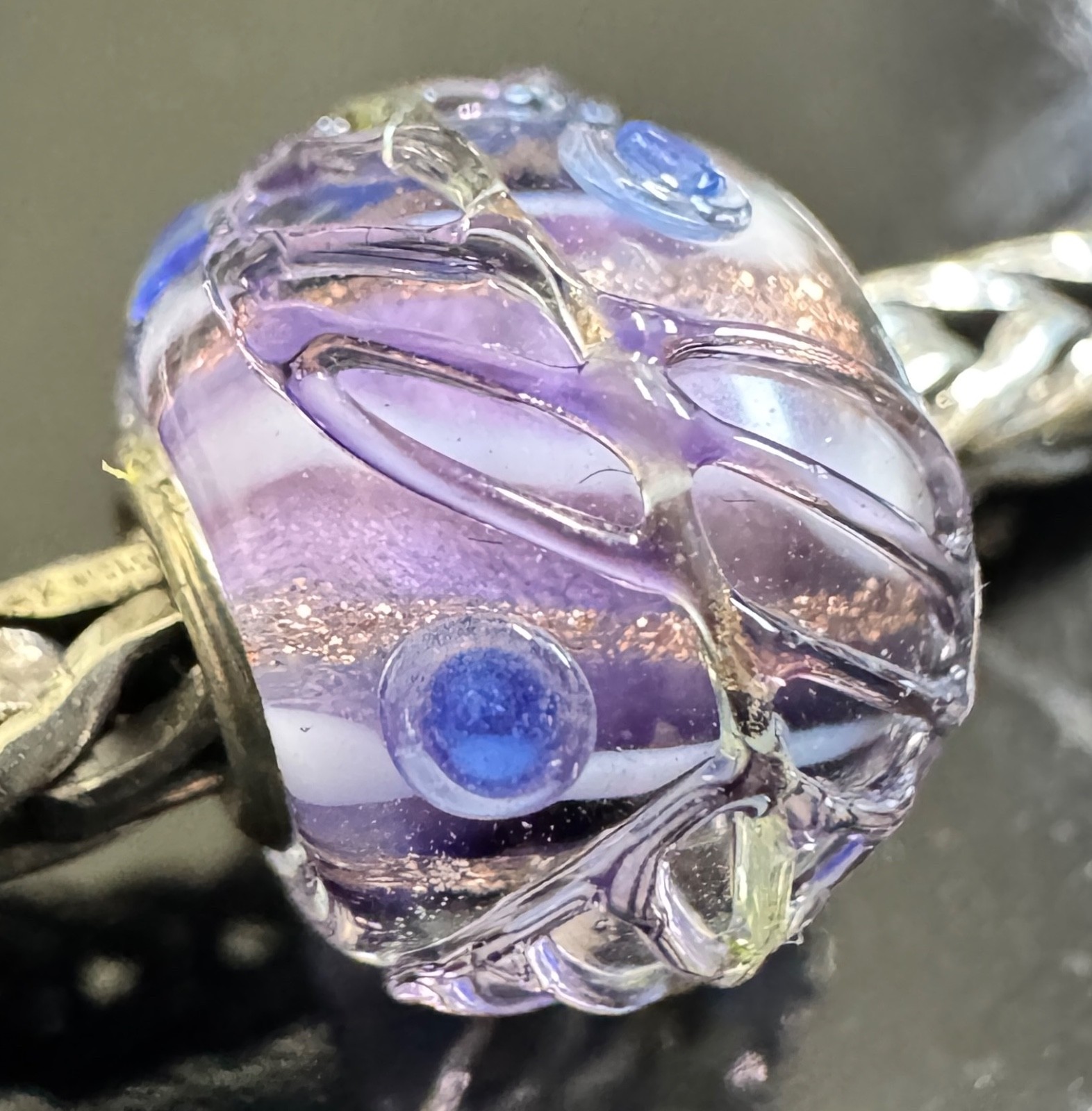 Trollbeads Sterling silver PURPLE BASE SPARKLY TEXTURED MINI BARREL