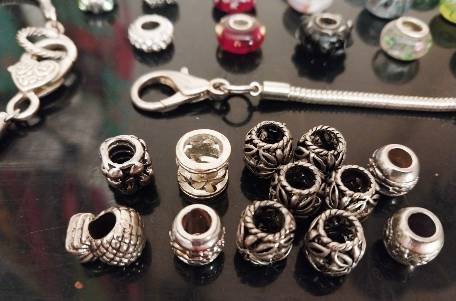Glass Slide Bead Charms and 3 Bracelets Lot of 75 pcs 925 Murano & Dangle Charms