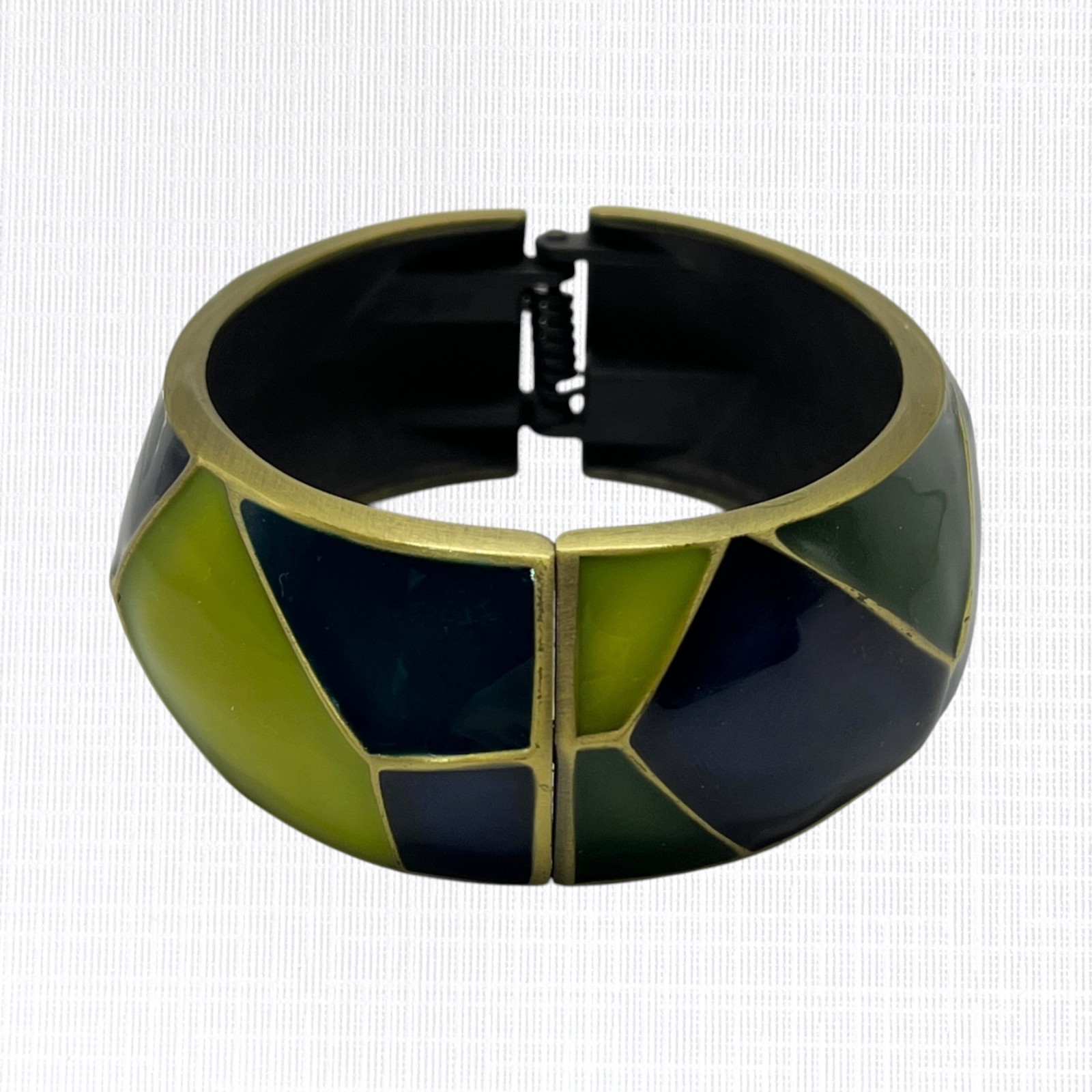 Vintage Geometric Enamel Bangle Bracelet Hinged Blue Green Clamper Artsy 1″ Wide