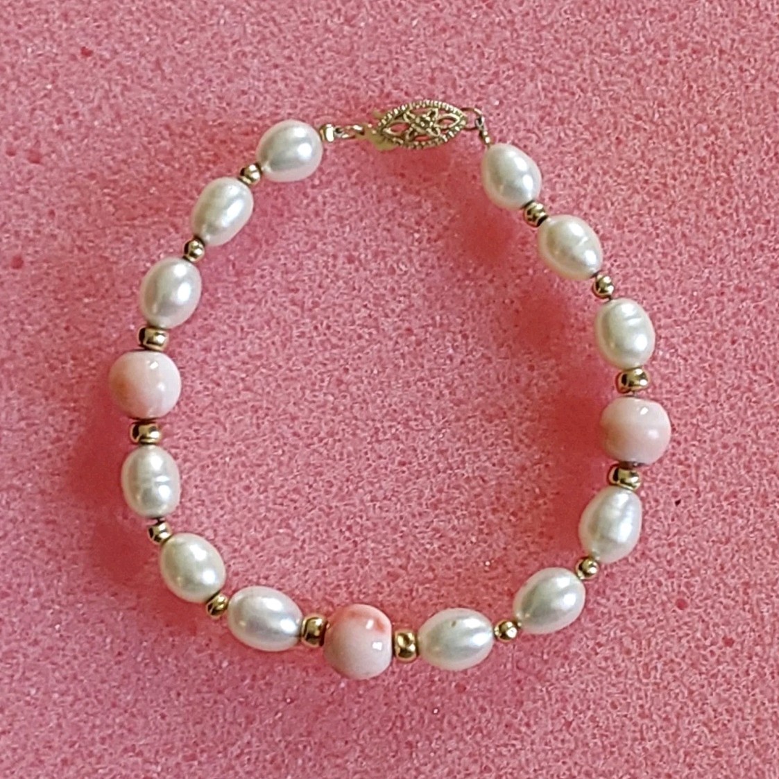 White Faux Pearl & angel skin pink Beaded Bracelet, 14k Hook Clasp