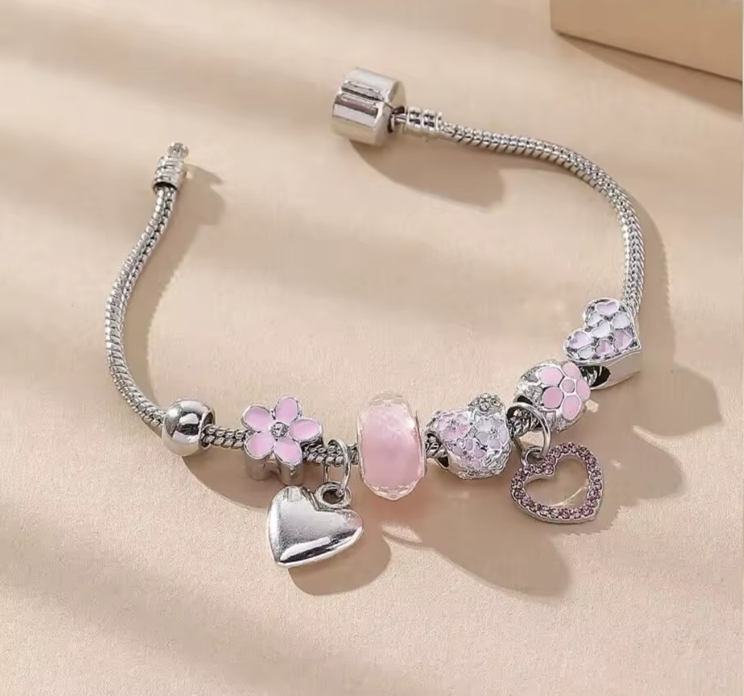 Obega Heart Flower Glass Charm Bracelet Pink White Crystal Adjustable Beaded