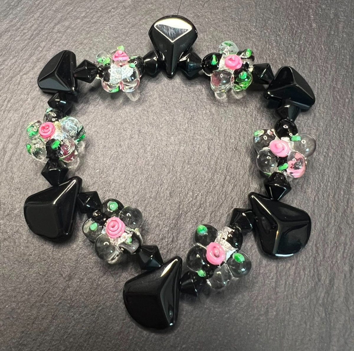 Handmade Artisan Lampwork Glass Stretch Bracelet Black Glass Pink Rose Floral 20