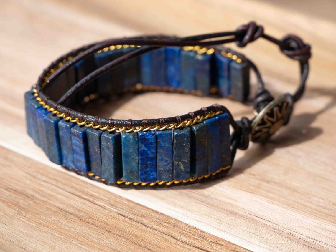 Natural Lapis Lazuli Tube Stone Bracelet Blue Gemstone Braided Bracelet Handmade