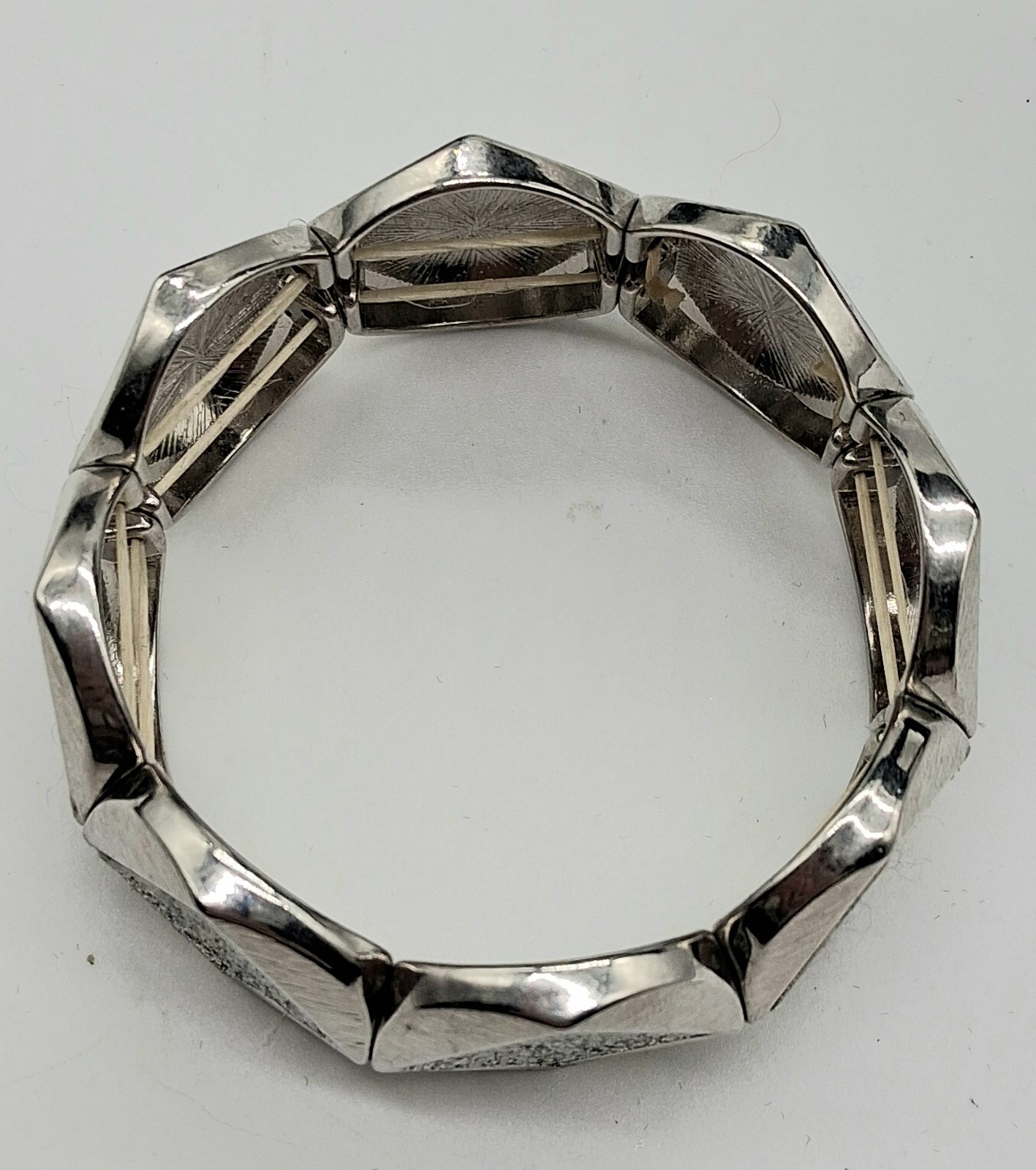 Silvertone Stretch Bracelet Geometric Panels Glitter Embellishments Textured