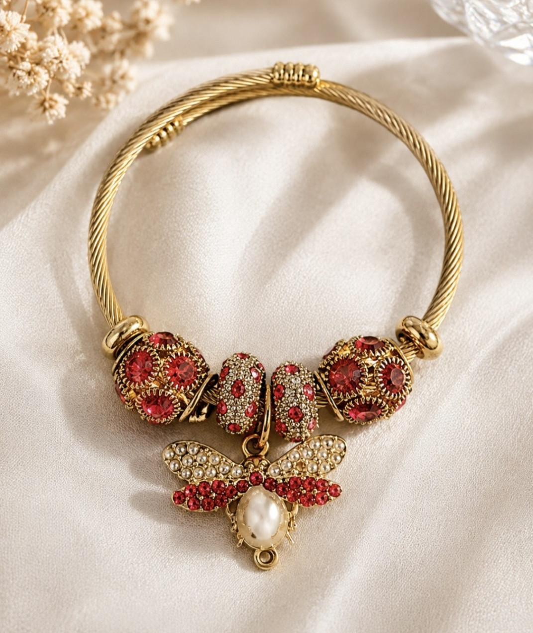 Gold Tone Cable Charm Bangle Bracelet w/ Pavé Red Crystal Bee & Pearl Dangle
