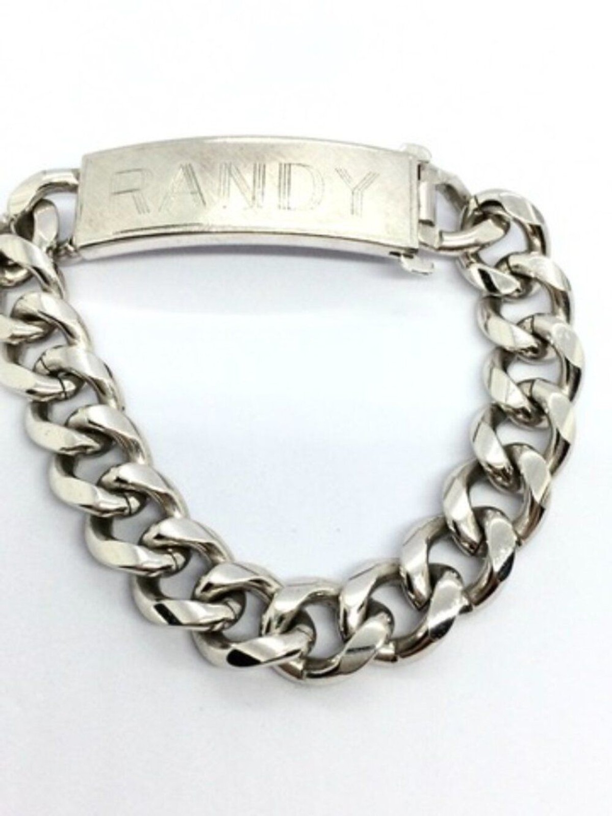 VINTAGE ID BRACELET Slver Tone Curb Chain Randy Name Plate 8 Inch Mens