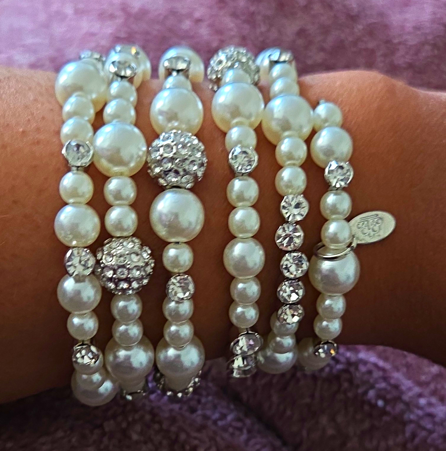 White Faux Pearl & Rhinestone Beaded Wrap Multi-Strand Bracelet Silver Tone