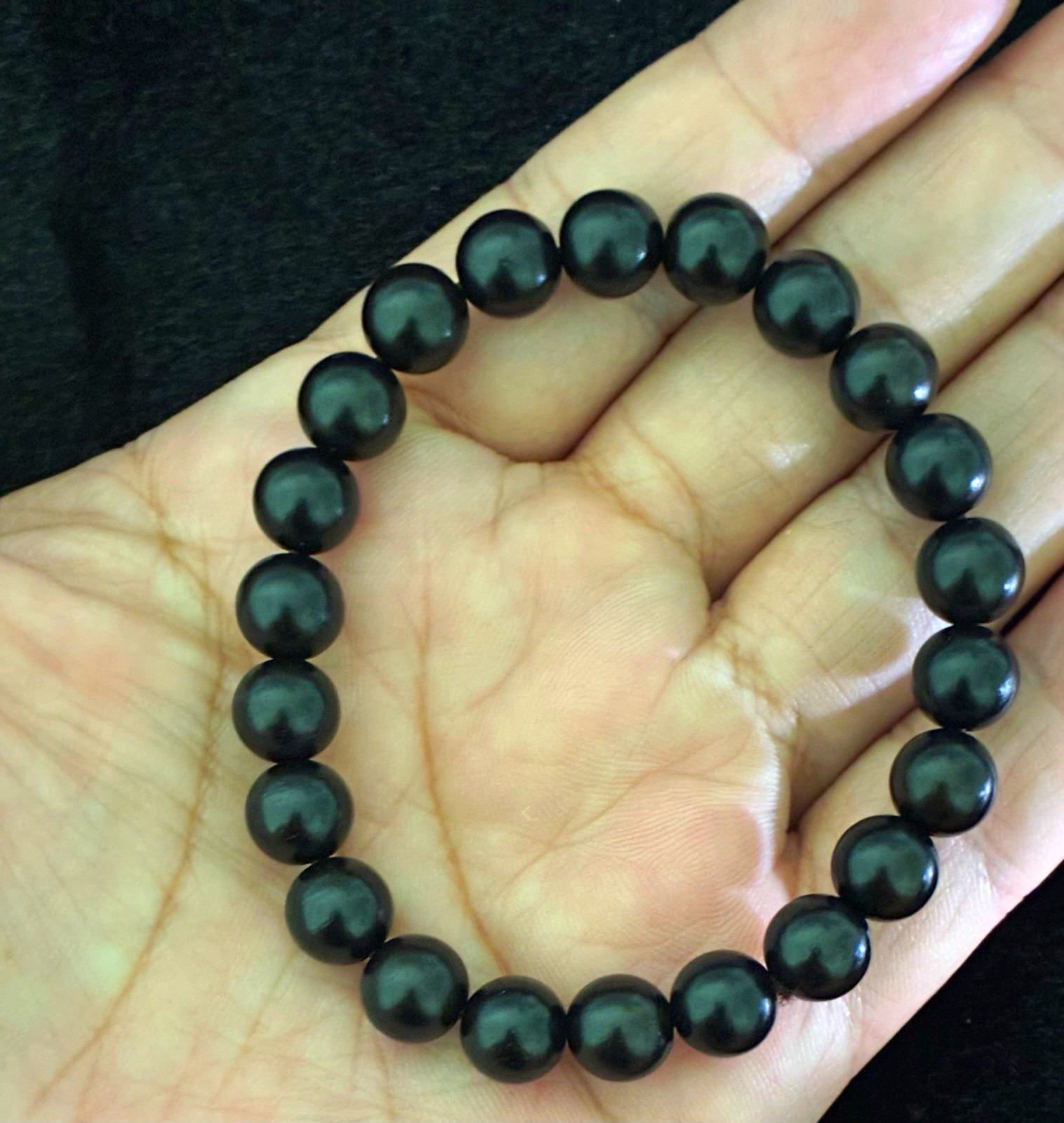 Black Round Beaded Stretch Bracelet, No Clasp, Beads Material, Sizable