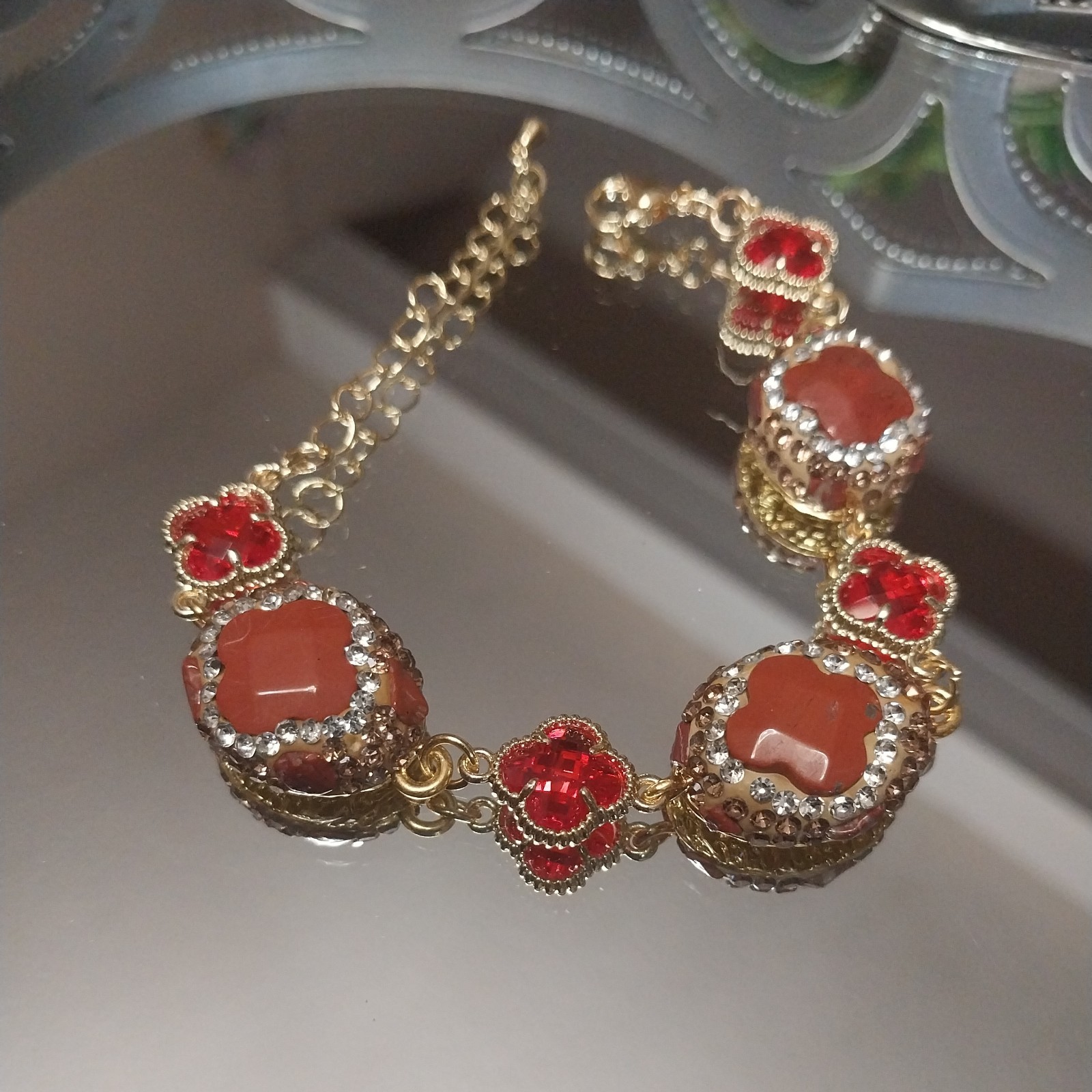 Natural Stone Carnelian. Red Clover. Bracelet Gold Plated. Turkish Style.