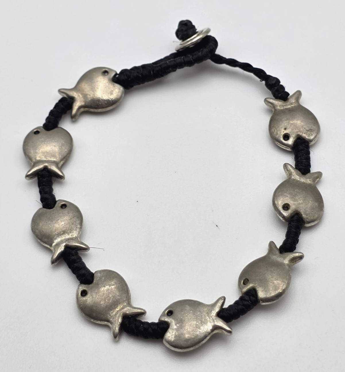 Silver Tone Fish Black Cord Bracelet 8” Boho Nautical Artisan Style