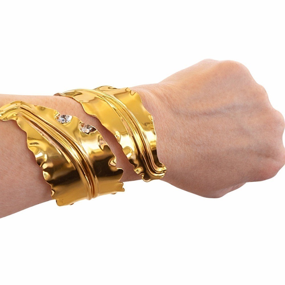Gold Statement Cuff Bracelet Wide Hammered Rhinestone Accent Modern Open Cuff