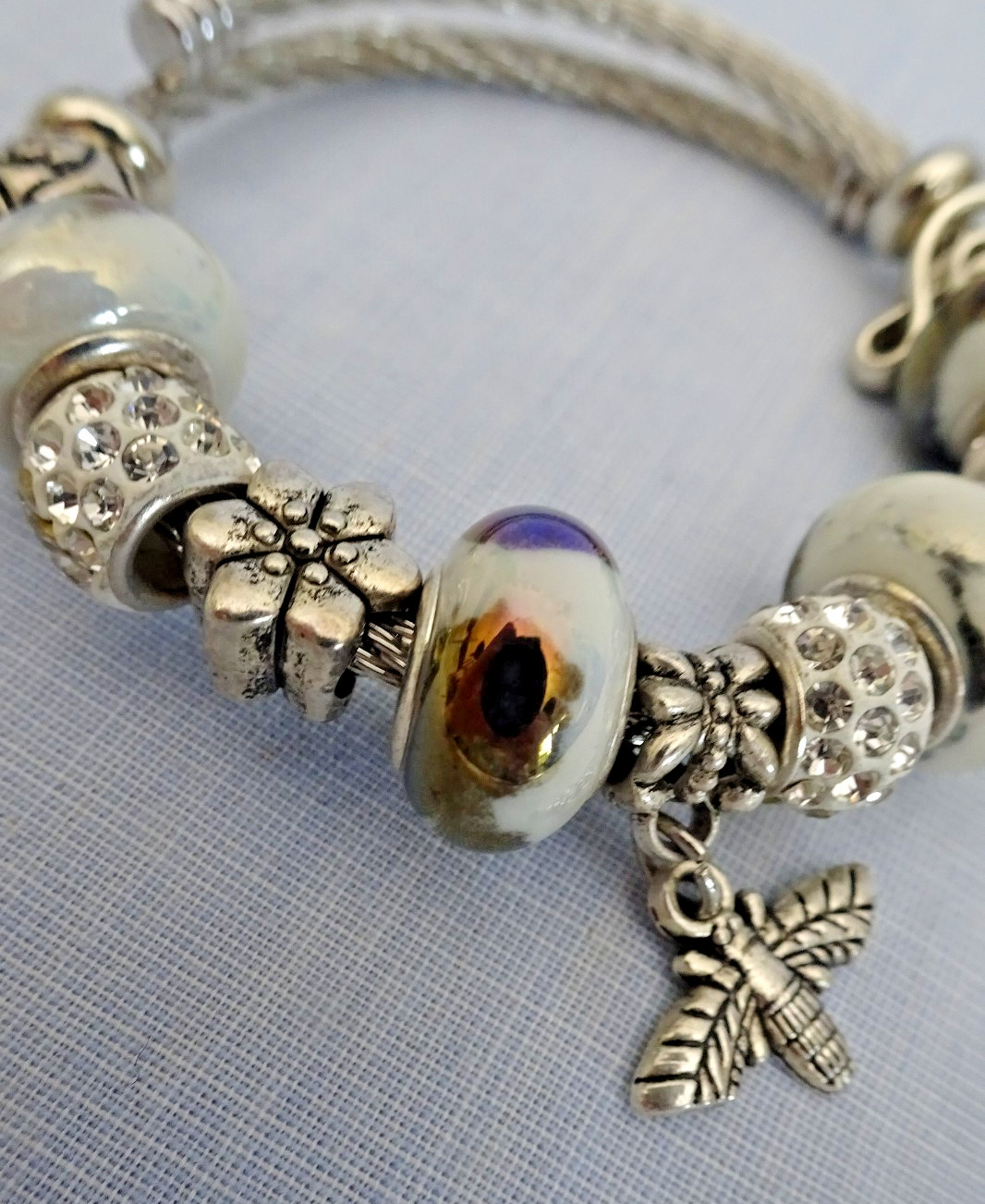 Silver Tone Cable Cuff Charm Bracelet Dangle Insect Beads Musical Clef
