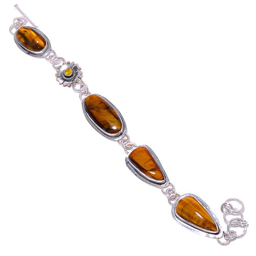 Yellow Tiger Eye & Citrine 925 Sterling Silver Tennis Bracelet 7.99″ A384