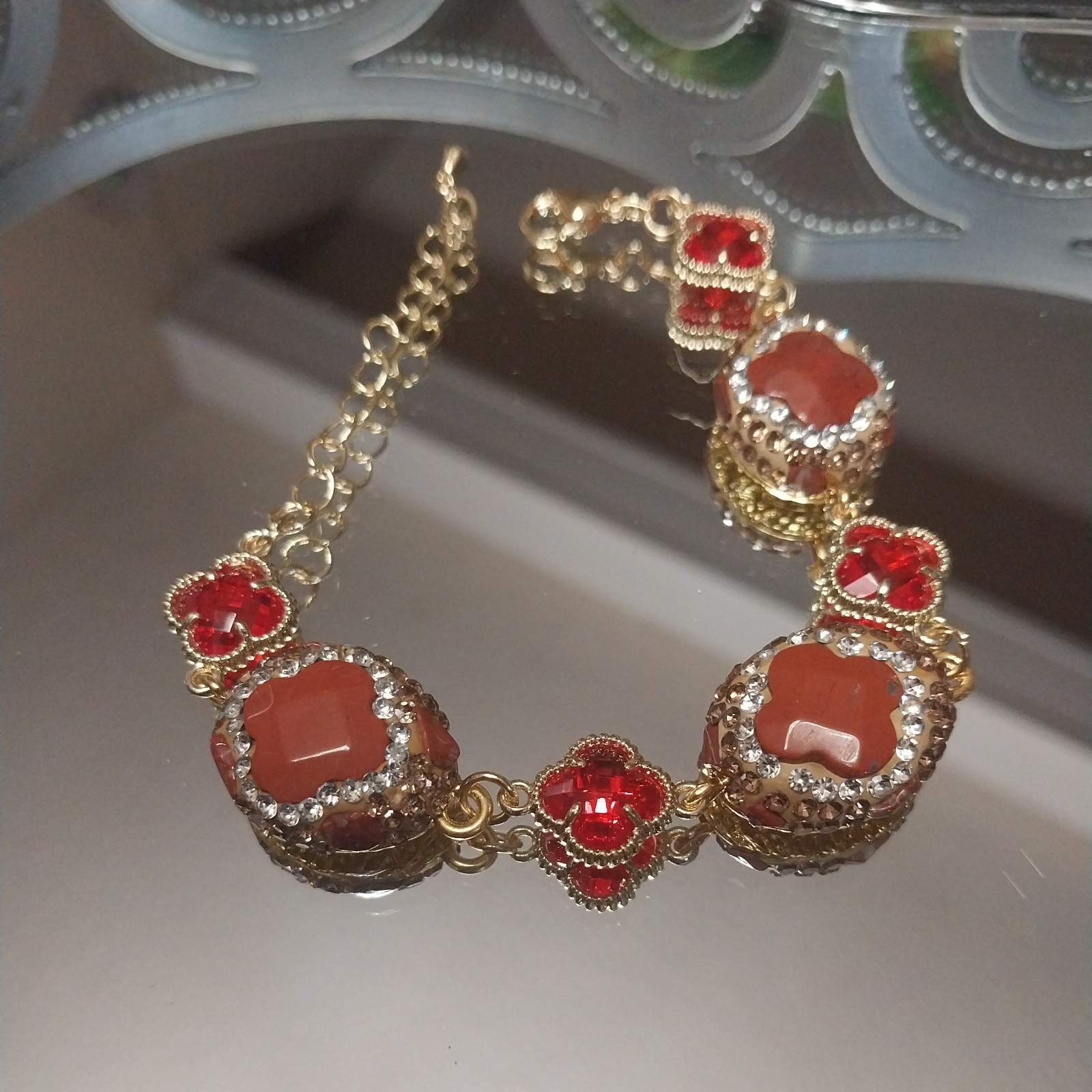 Natural Stone Carnelian. Red Clover. Bracelet Gold Plated. Turkish Style.