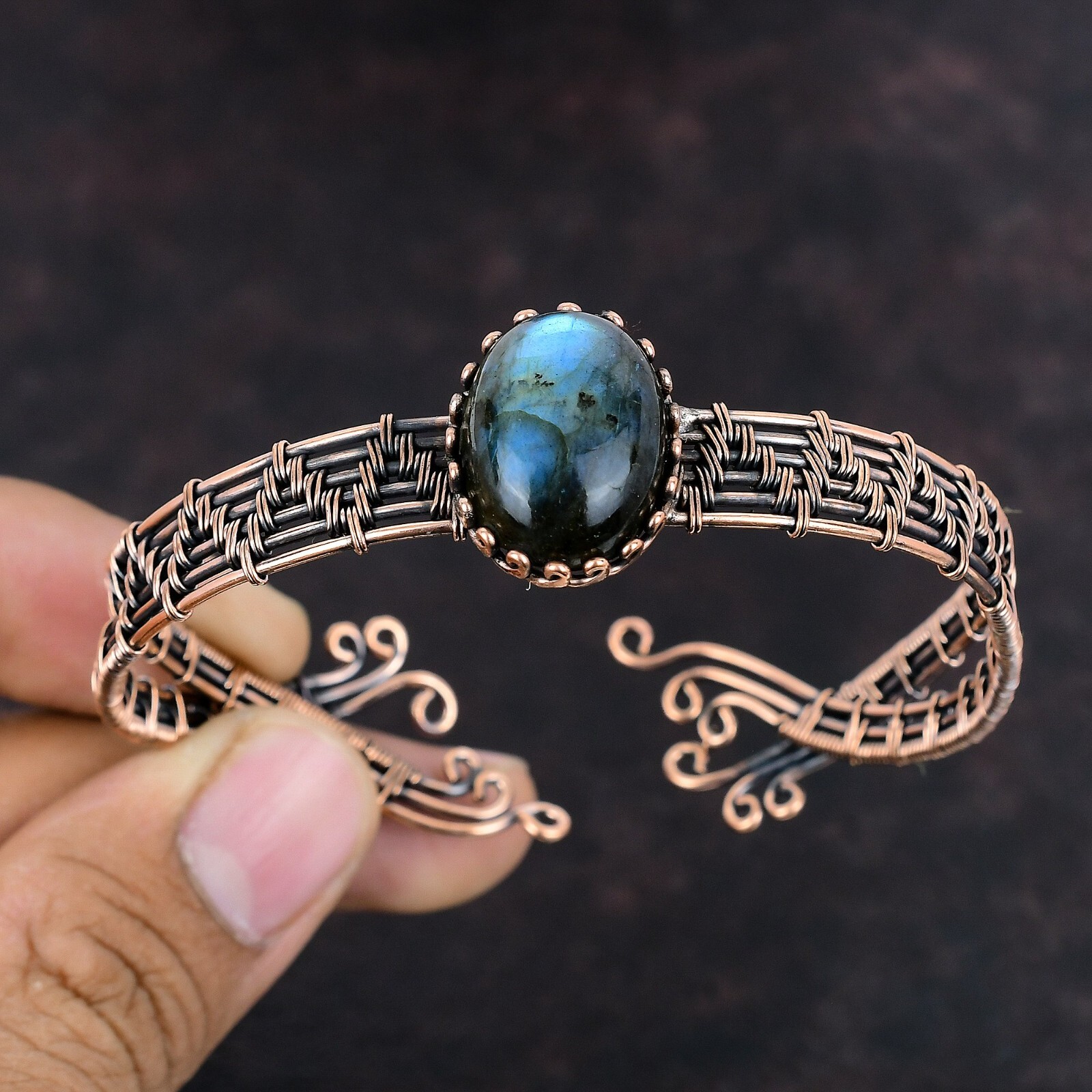 Natural Labradorite Gemstone Bangle Wire Wrapped Adjustable Unknown Copper