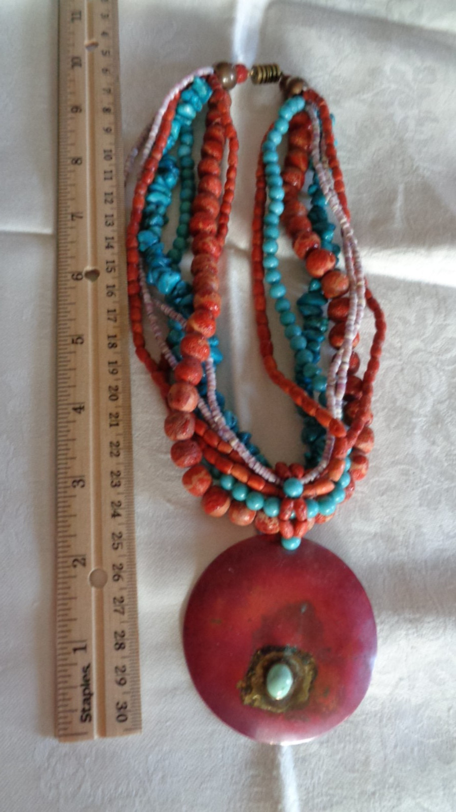 Bohemian Large Turquoise and Coral Necklace modern artisan style