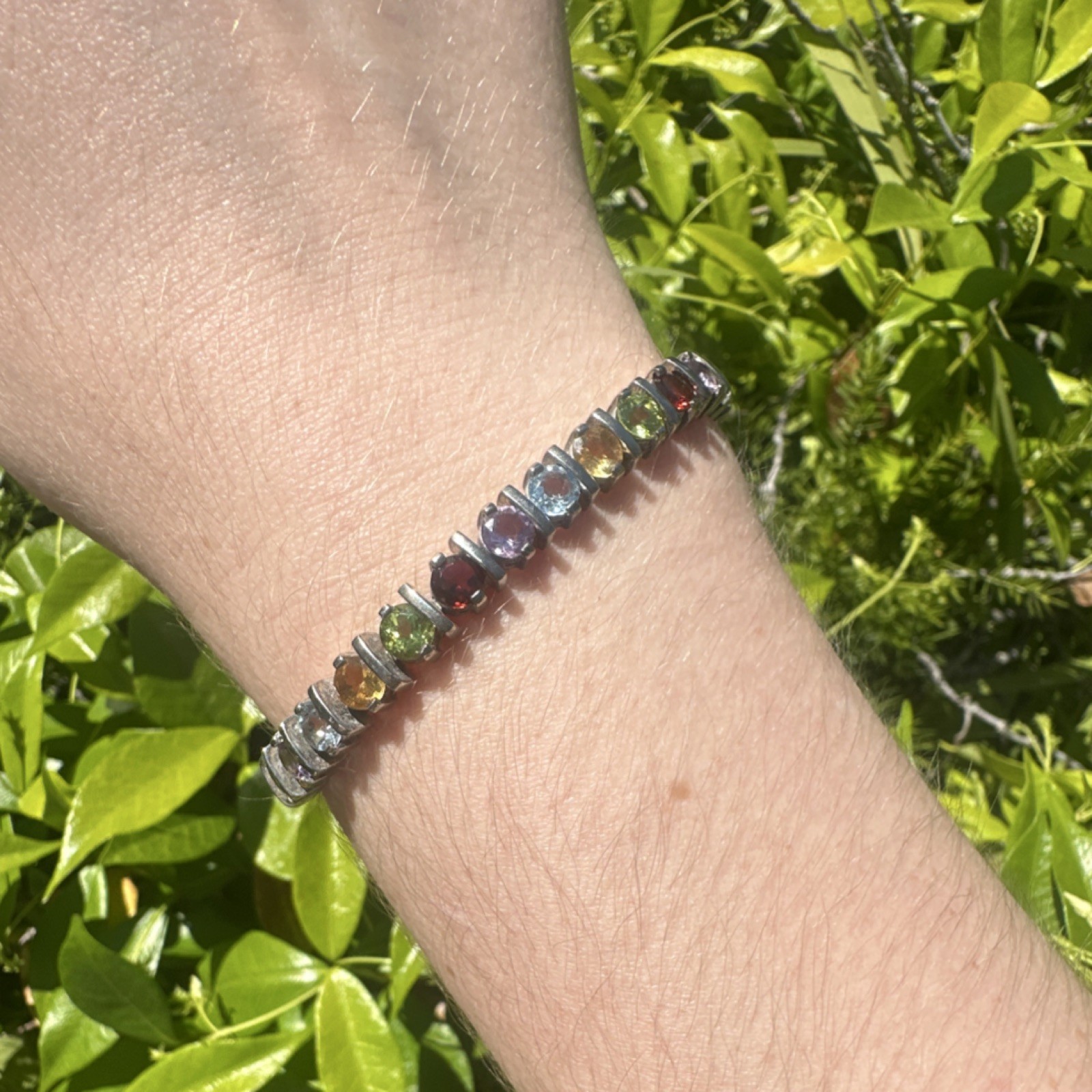 Sterling silver 925 Multicolor semi-precious tennis bracelet, box clasp, 8in