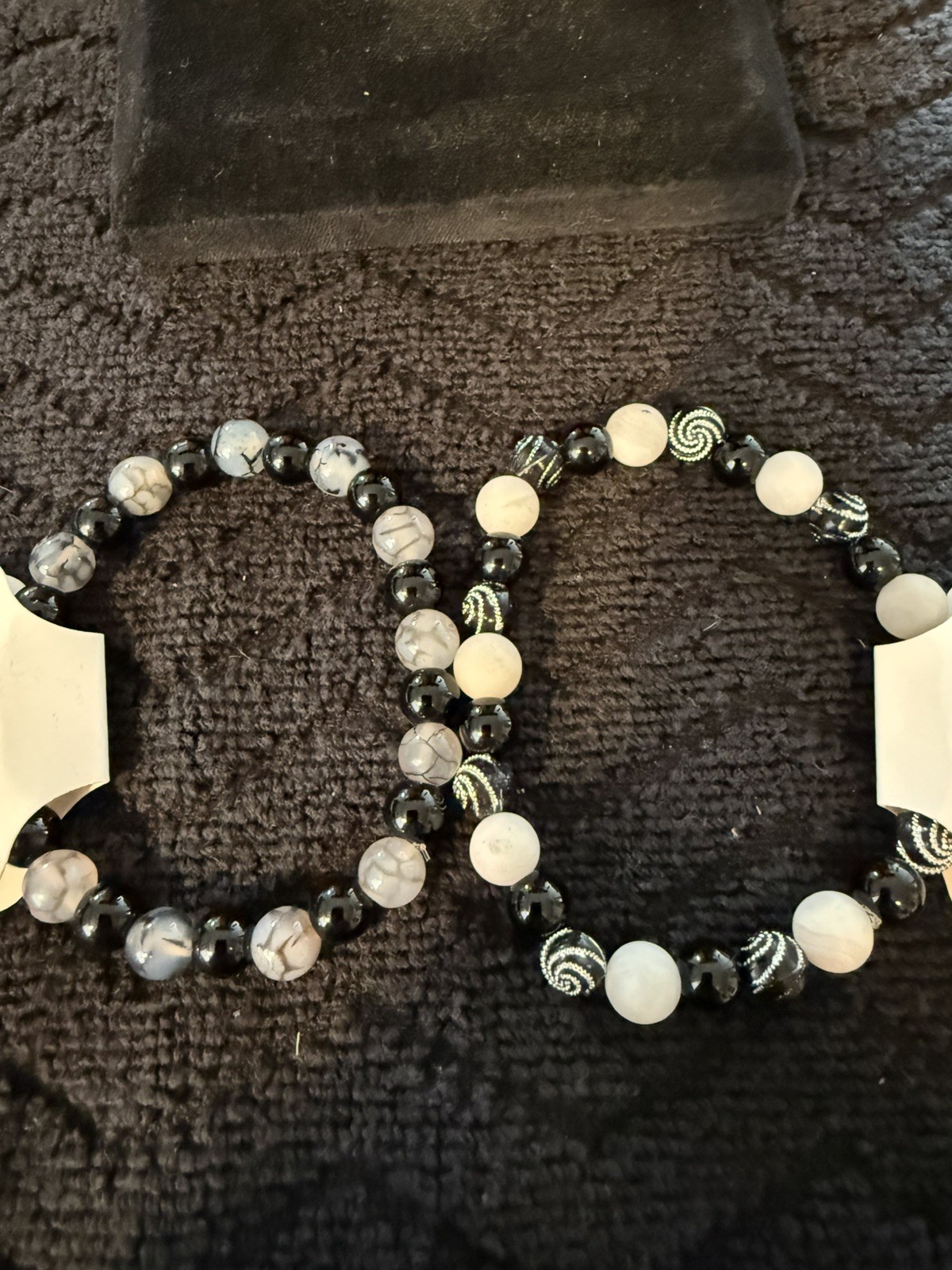 Lot Of 8 – Black & White Beaded Stretch Bracelets 7” To 7.5”