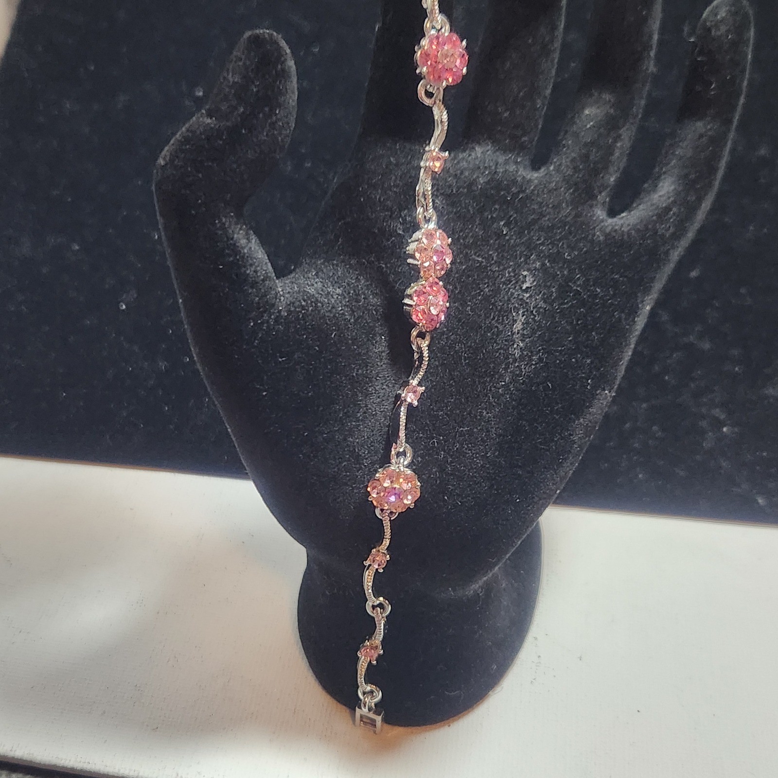 Silver Tone Pink Peach Crystal Floral Cluster Link Bracelet 7 Inch