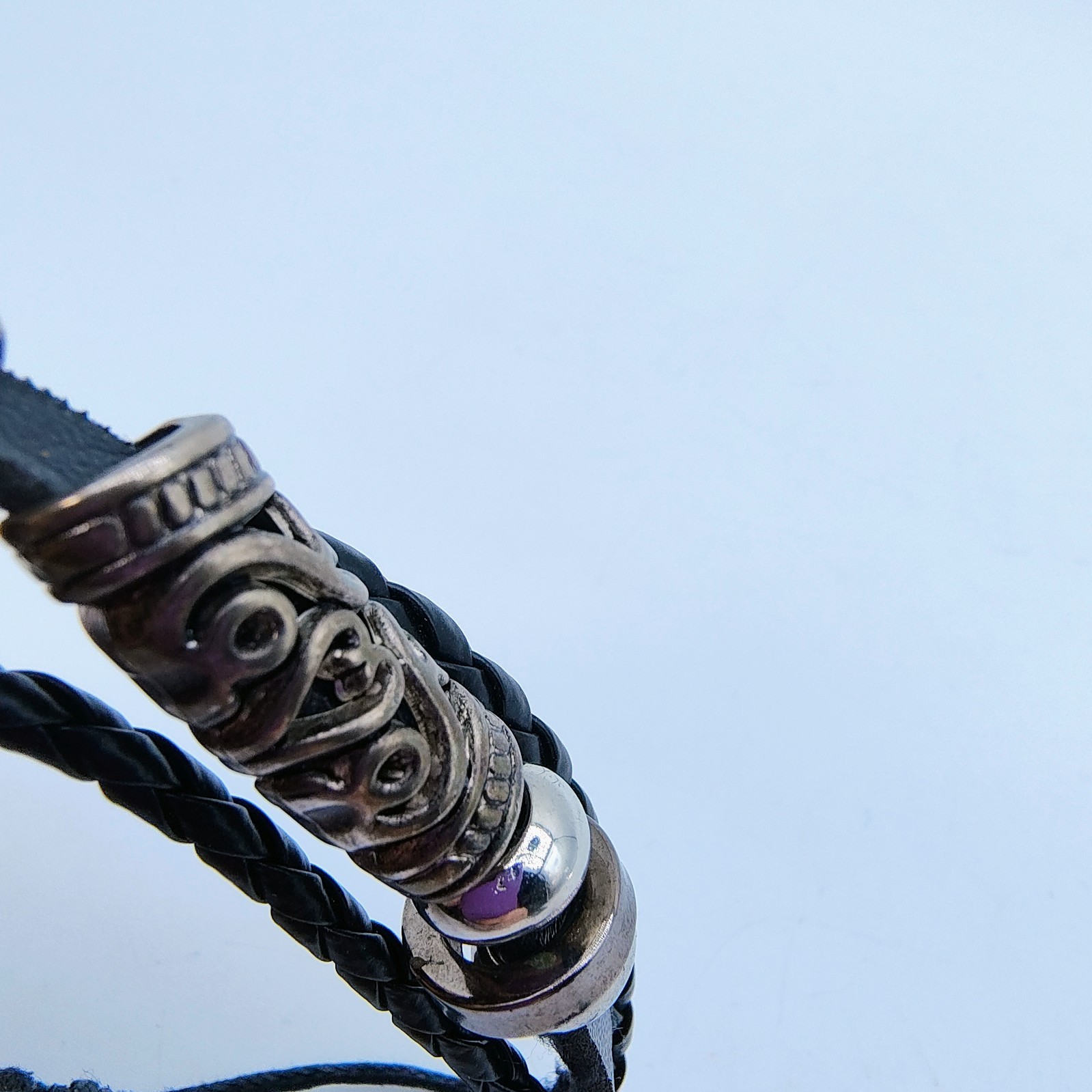 Black Faux Leather Bracelet Set of 2 Silver Tone Scroll Y2K Rock Indie Grunge