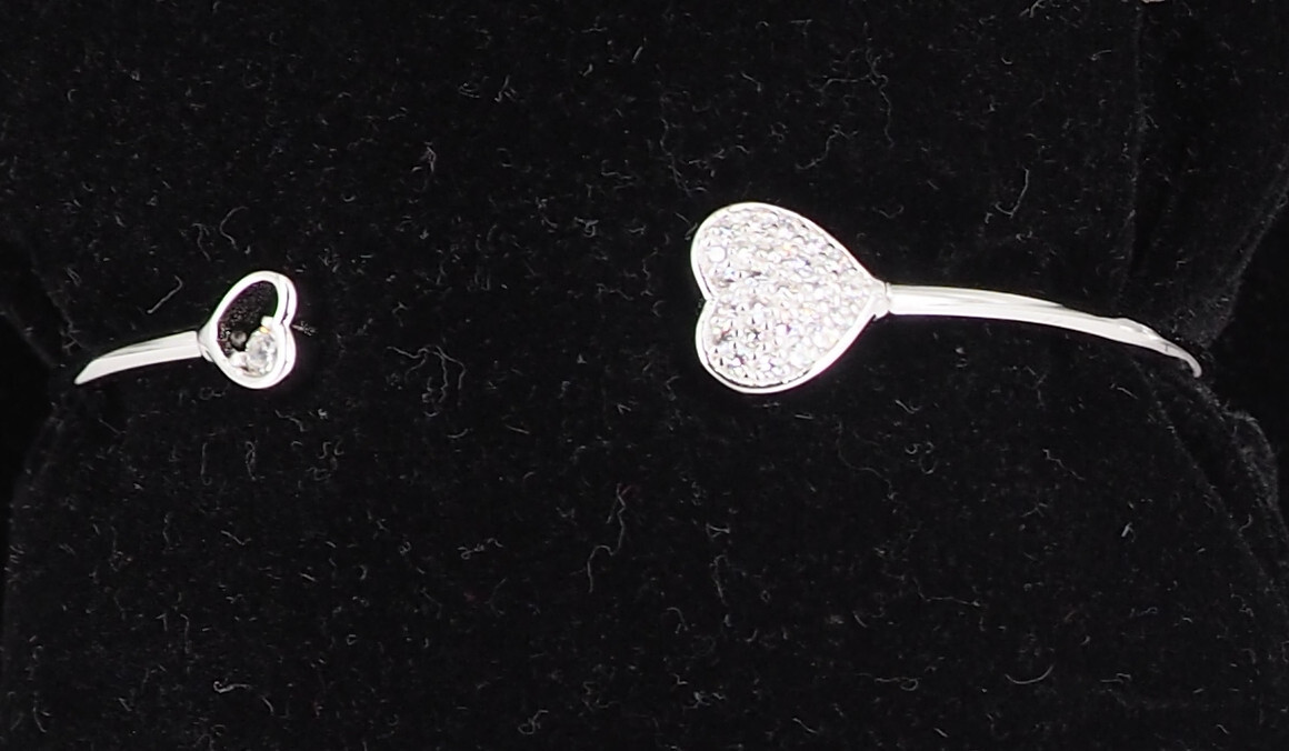 925 Sterling Silver 2 Heart Cuff Bangle Bracelet | Rhodium Plated CZ Made Italy