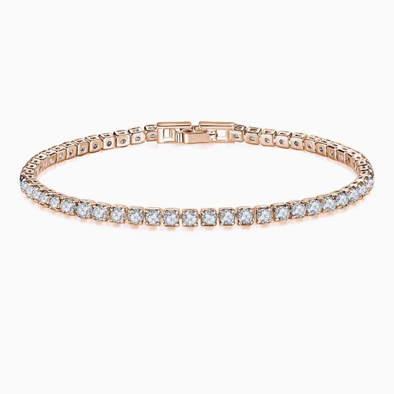 925 Sterling Silver Zircon Chain Bracelet Women Round Link Fine Classic Jewelry
