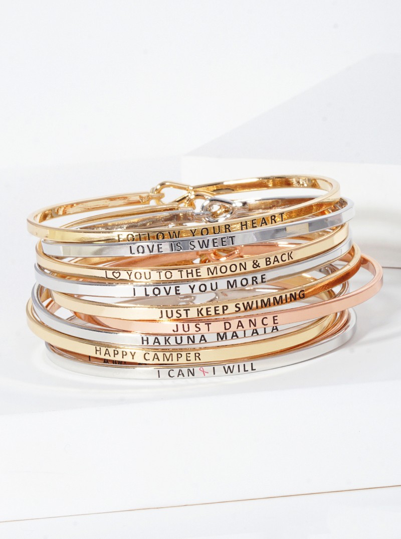 Love Is Sweet Engraved Brass Bangle, Hook Closure, Gold or Silver Tone
