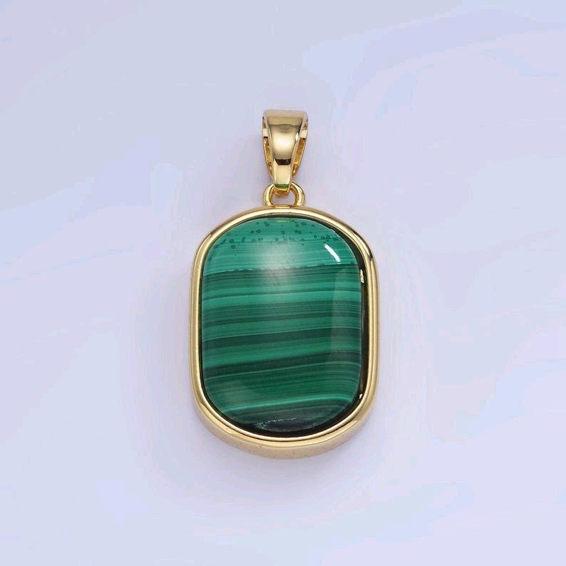14k Gold Filled Green Malachite Oval Tag Bezel Charm 29mm Natural Gemstone Penda