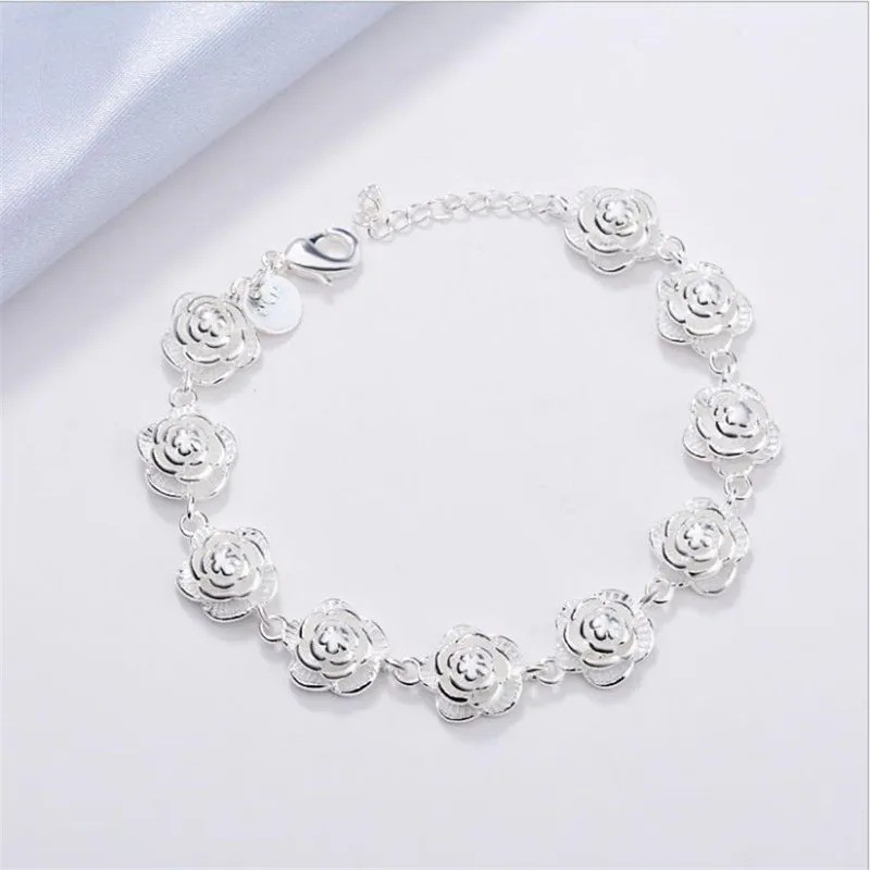 925 Sterling Silver Rose Flower Chain Bracelet For Women Fashion Pretty Jewelry