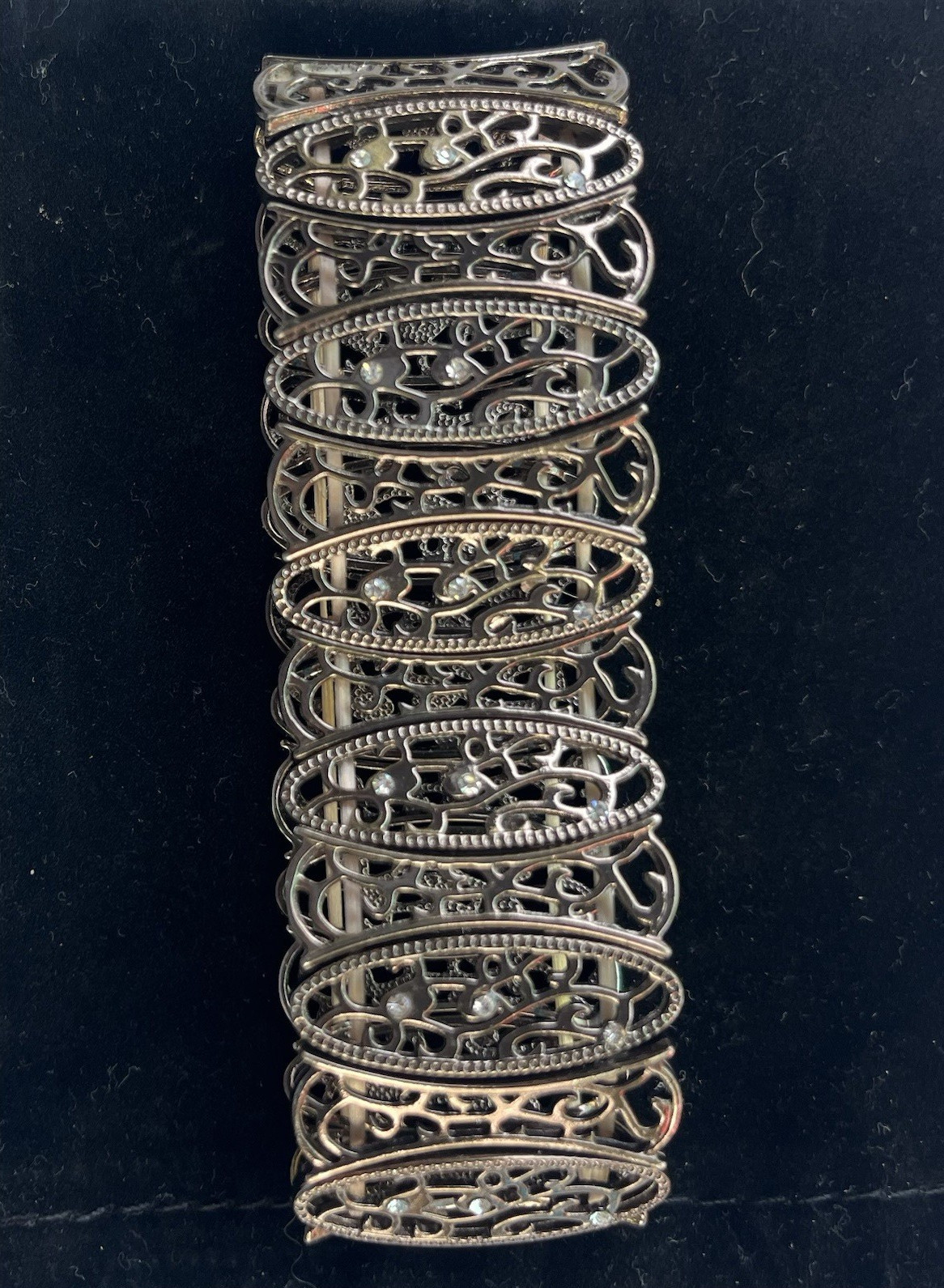 Silver Tone Filigree Stretch Bar Link Bracelet Oval Links No Stone Metal