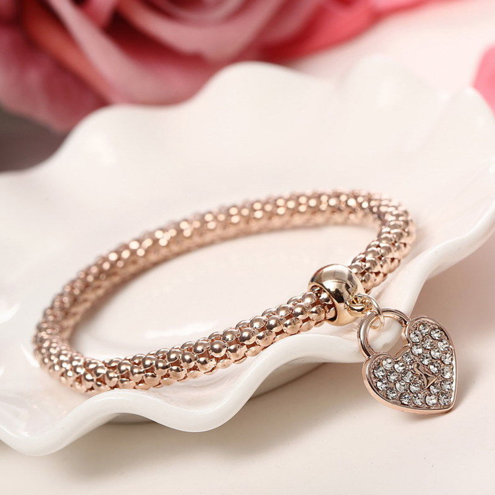 Women’s Fashion Jewelry 3 Piece Silver Rose Gold Heart Bangle Bracelet 53-2