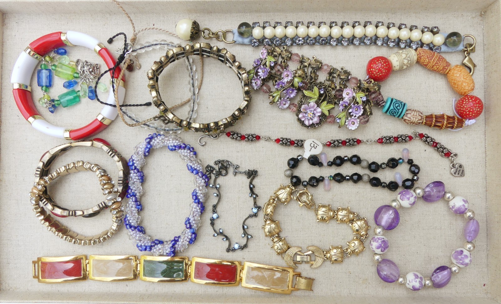 Vintage-now bracelet lot 17 mixed rhinestone enamel panel glass bead plastic