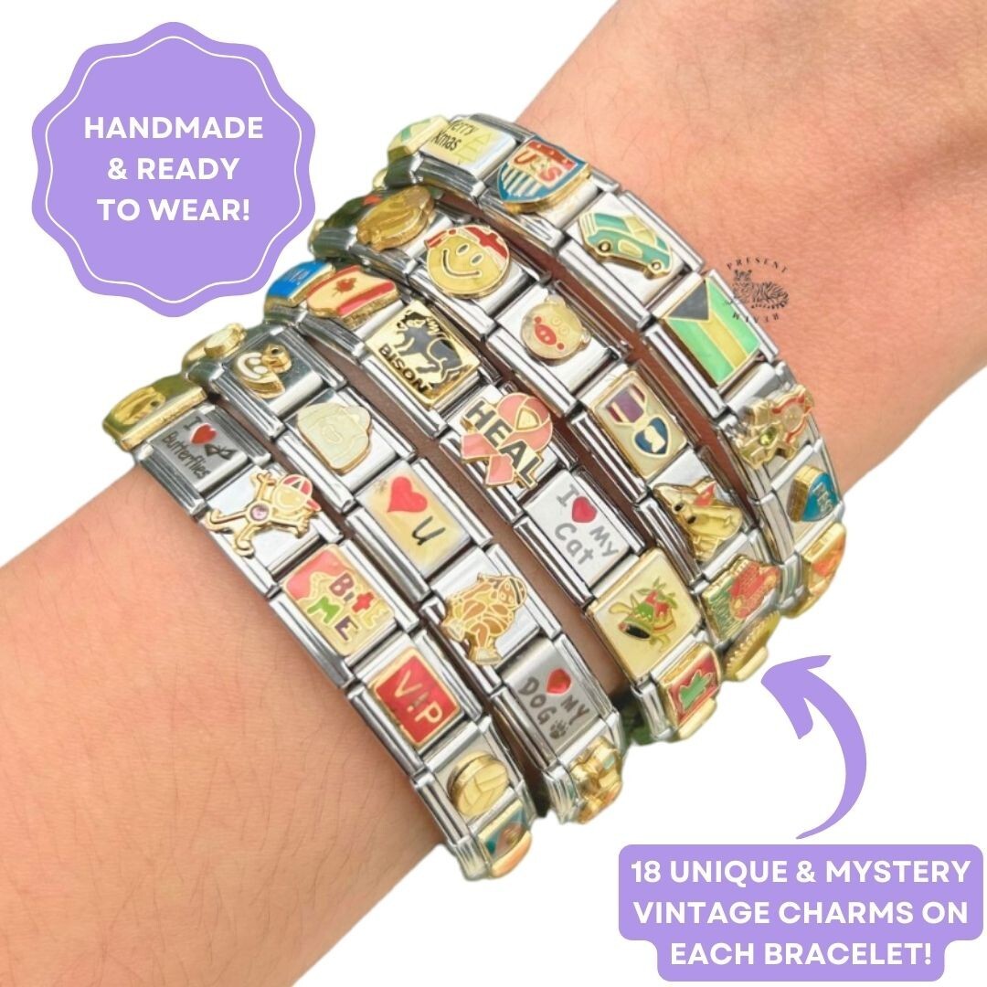 READY TO WEAR Italian Charm Bracelet with 18 Mixed Vintage Charms – Unique Gift
