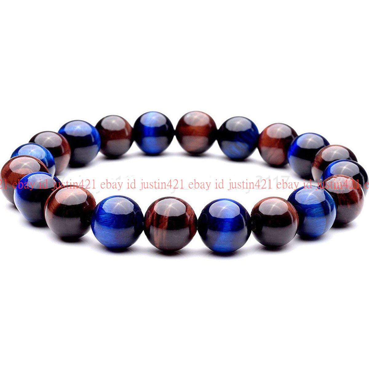 10mm Natural Red Yellow Blue Tigers Eye Gems Beads Elastic Bracelet 7.5”