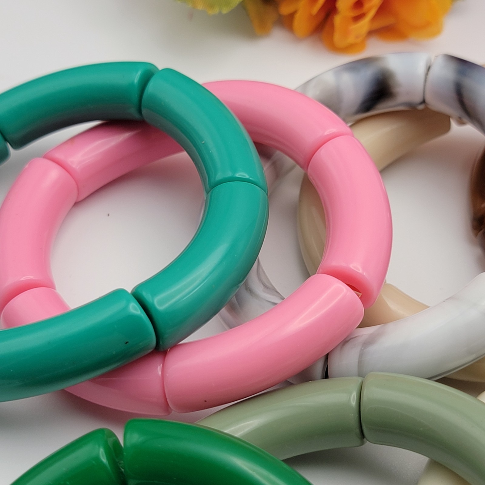 Lot Of 13 Acrylic Tube Bead Stretch Bracelet 6.5″ Sizable