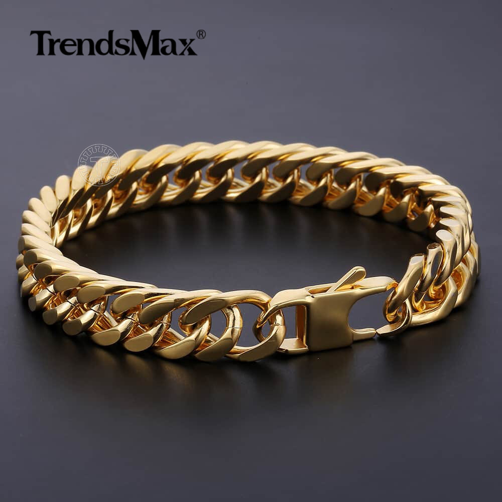 10mm Gold Plated Cut Curb Link Rombo Chain Bracelet 316L Stainless Steel Bangle