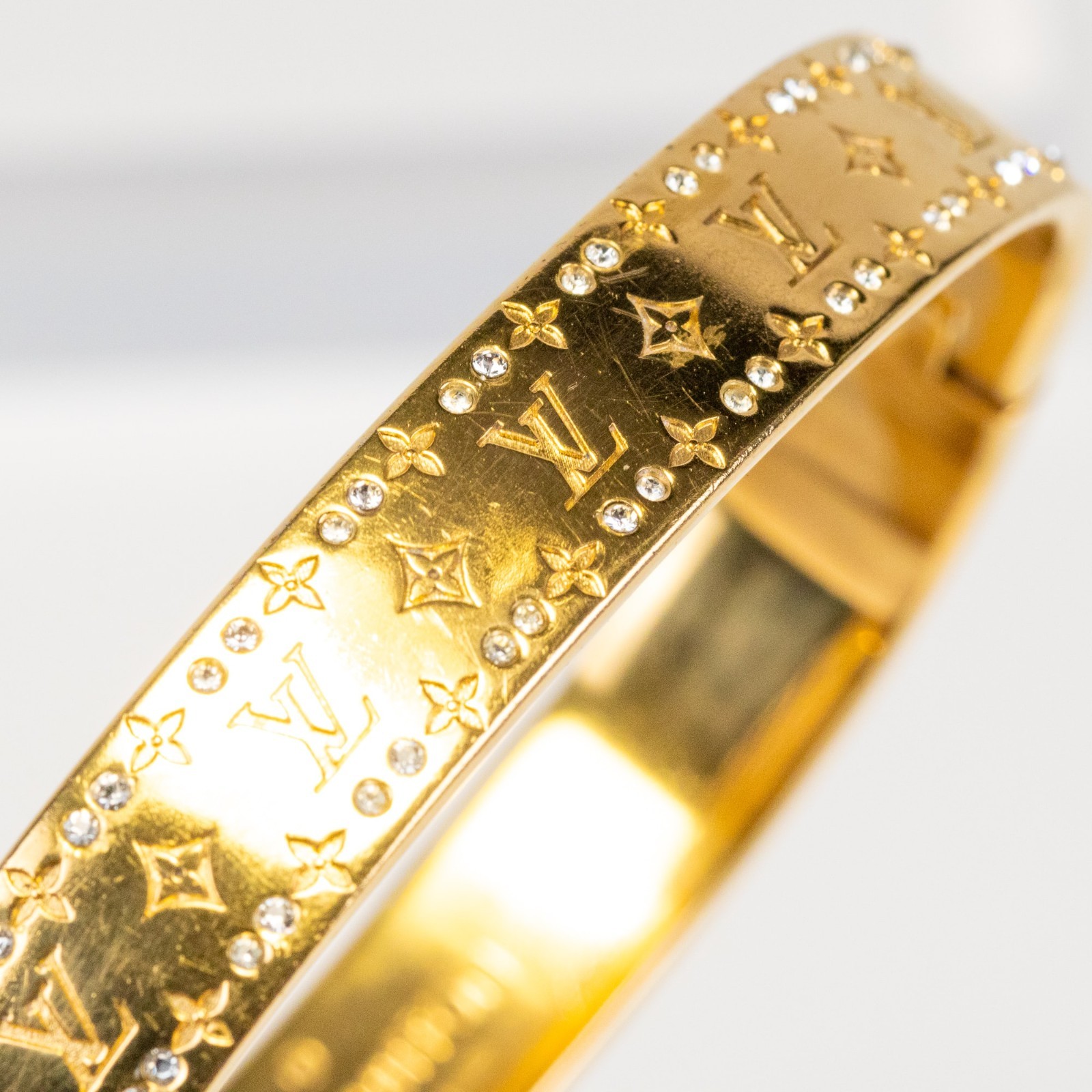 LOUIS VUITTON Nanogram Strass Bangle Bracelet Gold M64860 Size S Rigid w/Box [S]