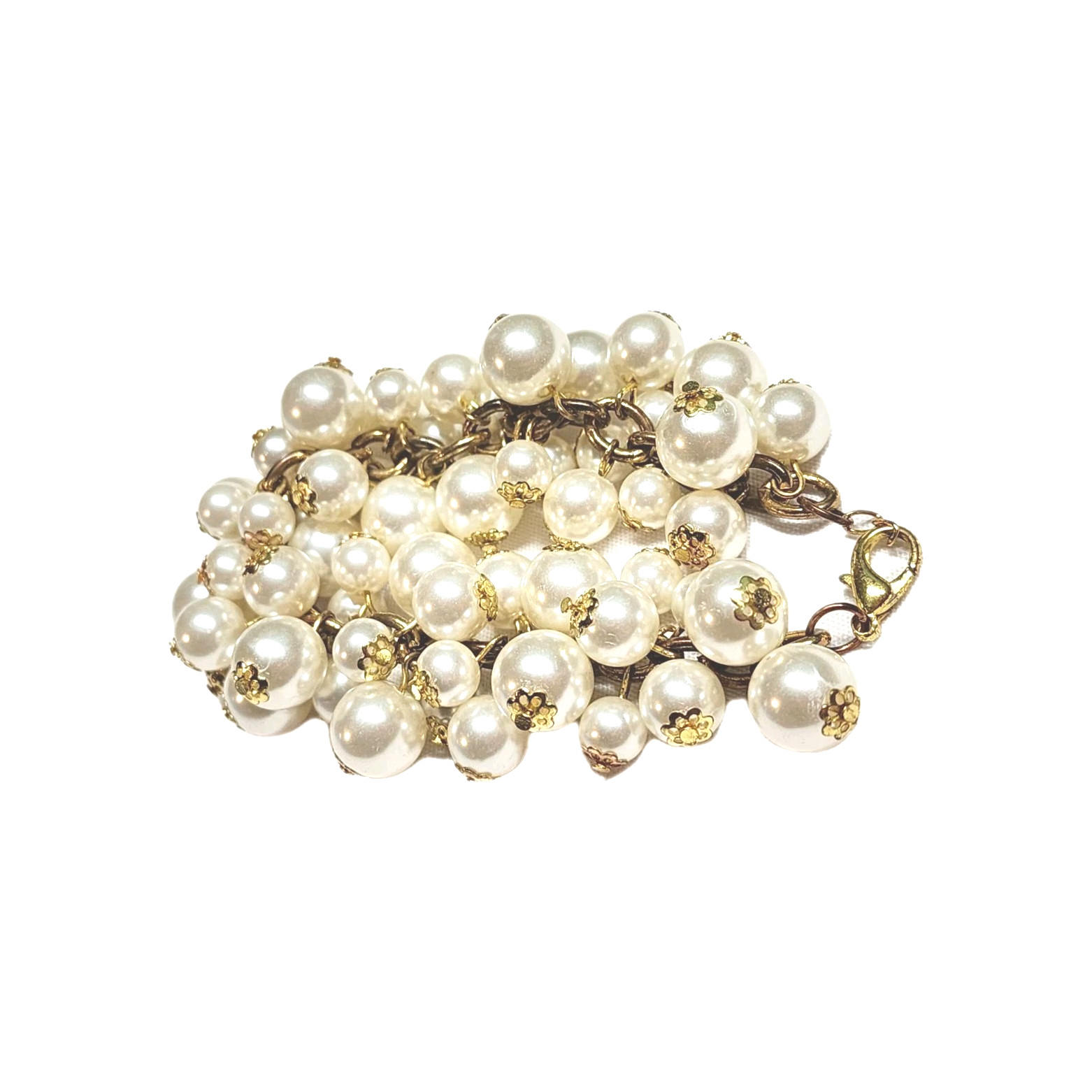 Chunky White Faux Pearl Dangle Cluster Cha-Cha Beaded Charm Cuff Bracelet 8″